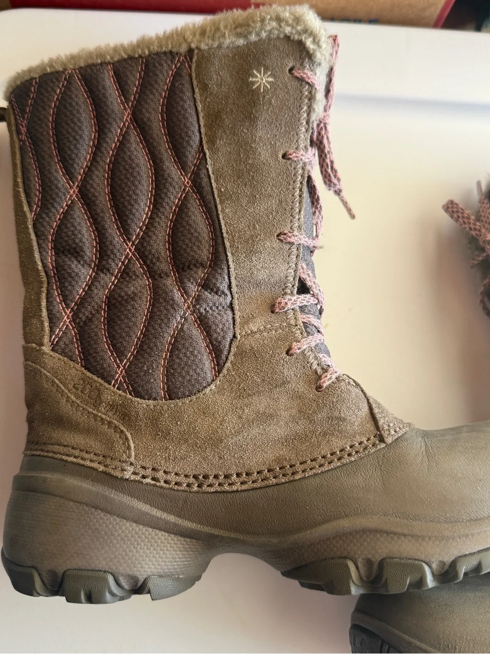Columbia Brown Taupe & Pink Lace-Up Winter Boots with Faux Fur Collar Girls Sz 3